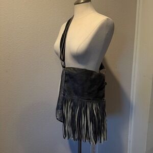 Lulu Distressed Black Faux Leather Fringe Crossbody Messenger Bag Boho Western
